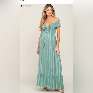 Green striped off the shoulder maternity dress. Pink Blush maternity